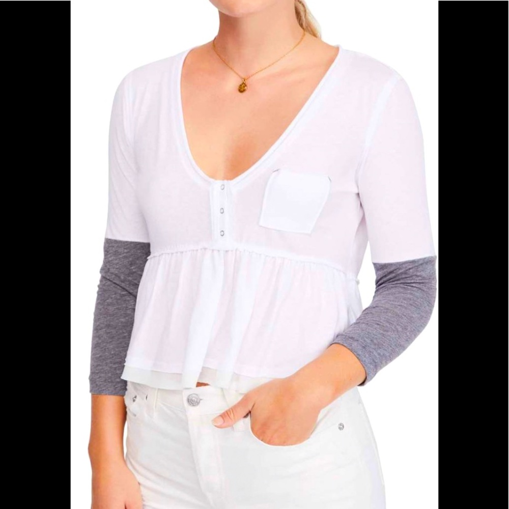 We the Free Ruffle Bottom Henley Top Boxy Long Sleeve Heart Of Mine Tee